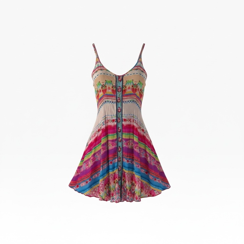 Johnny Was Taleah Embroidered Boho Slip Dress Cupra Rayon Multi-Color Women's XL